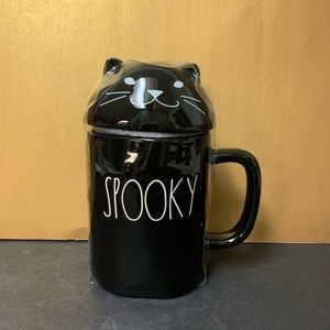 Rae Dunn black SPOOKY mug with cat head topper